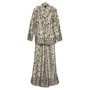 Japna Floral Toile 2-Piece Satin Pajama Set Lounge Wear Brown & Cream Size Small
